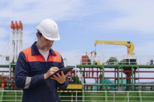 marine superintendent working next to a ship in port